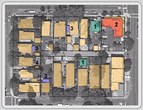 Figure 3.16:  Map verification:  1 = layer is missing building.  2 = building's position needs to be altered.  3 = layer may be missing buildings (check with additional sources or field check).  4 = layer depicts building that does not exist.