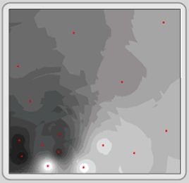 Figure 5.16:  Interpolating between point features.  The red dots are the points where values are known.  The gray cells are the estimated data based on the known values. 