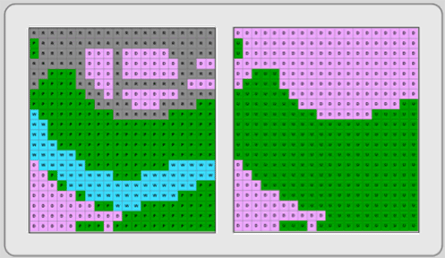 Figure 3.10:  Reclassification.  The image on the left depicts 4 different land covers.  The image on the right aggregates land covers (D and R become D; P and W become U) into two classes.