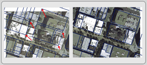 Figure 3.7:  Georeferencing an image to its real-world location.  The left map displays both the image we want to move and the area's parcels.  The red arrows represent the corresponding points where you want to move points in the image.  When the georeferencing is complete, the image will be at its real-world location.