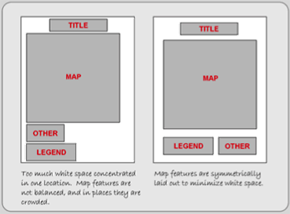 Figure 6.11: Map balance. The map on the right displays little white space with its symmetrical layout. Asymmetrical layouts also work as long as they minimize white space and present the map features in a logical interpretive order